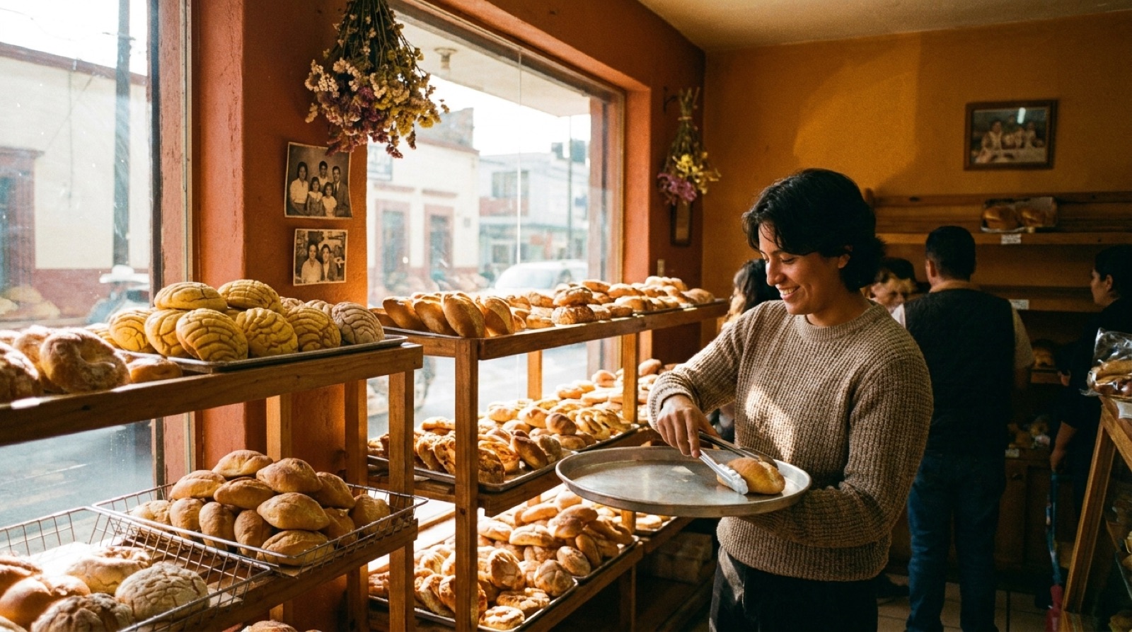 Warm interior of a Mexican bakery with shelves of conchas and pan dulce