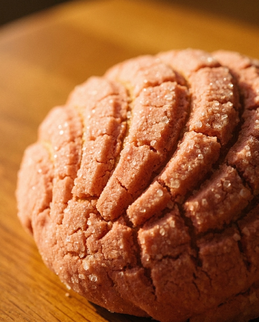 Macro close-up of a pink concha's crackled sugar shell