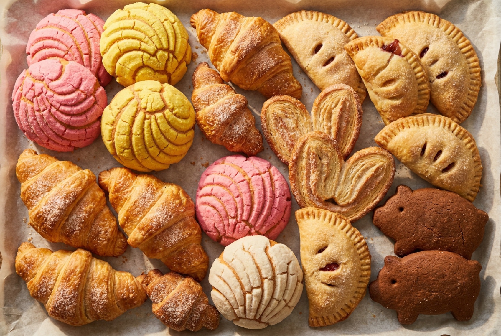 A colorful overhead spread of conchas, cuernos, empanadas and marranitos
